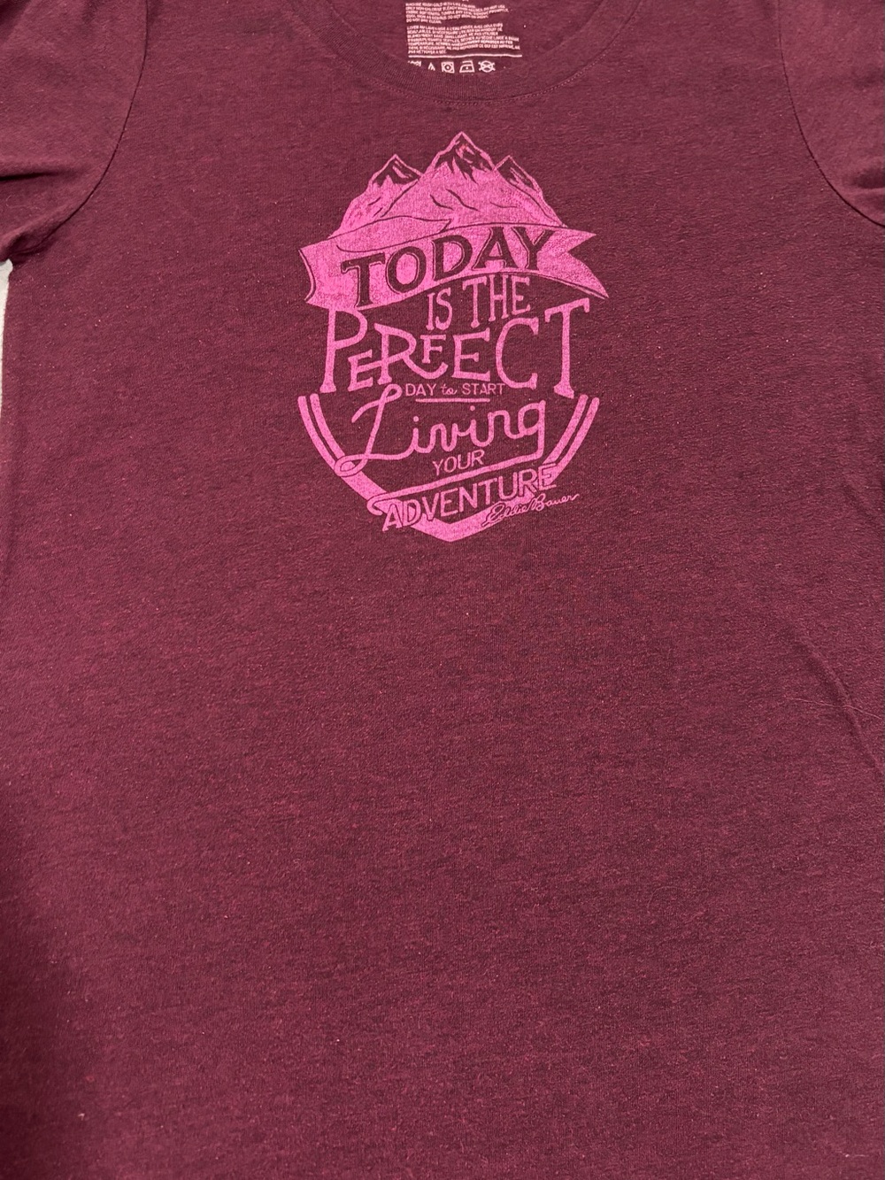 Eddie Bauer Women's Short Sleeve Tee Burgundy with Pink Graphic